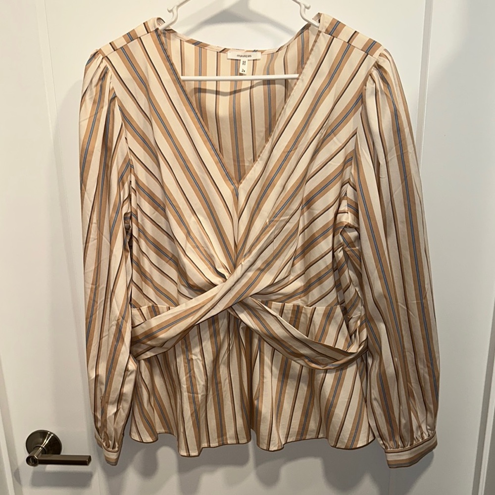 Striped V-Neck Wrap Blouse